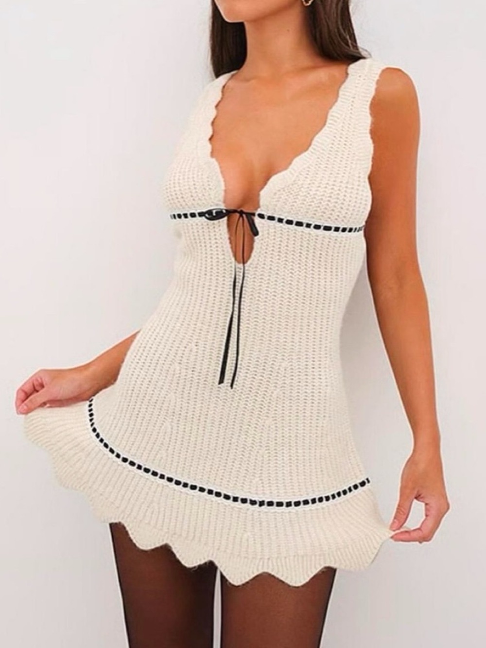 For Love And Lemons Ivory Crochet Tie-Front Mini Dress with Black Trim